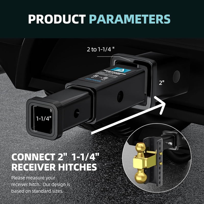 CROSSHIP Trailer Hitch Receiver Extender Adapter Reducer, 2 to 1-1/4-Inch, Extender to 4" Extension Length, 350 LBS Capacity for Cargo Carriers & Bike Racks (Carbon Steel, Black) - Image 2